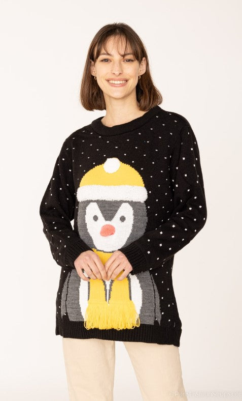 Pull noël motif grand pingouin bonnet et une écharpe motif neige ref PBAJ