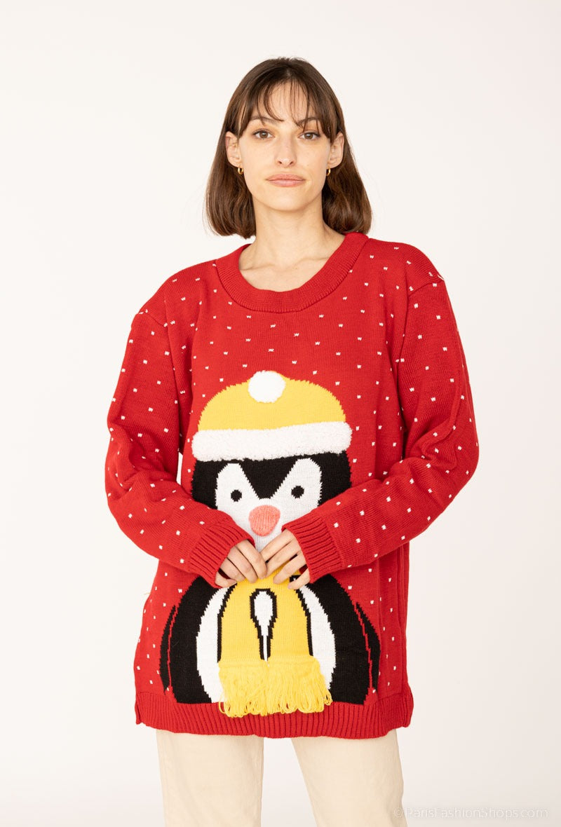 Pull noël motif grand pingouin bonnet et une écharpe motif neige ref PBAJ