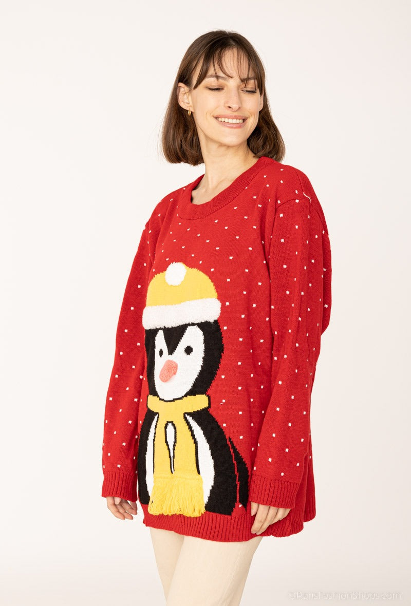 Pull noël motif grand pingouin bonnet et une écharpe motif neige ref PBAJ