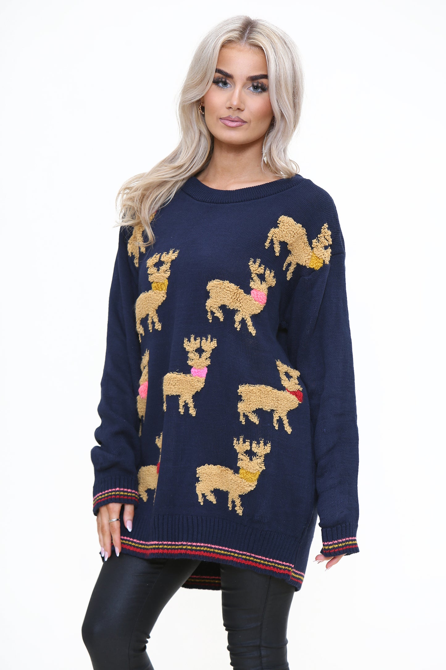 Pull noel long manche longues Rennes broderie col rond ref MRPN