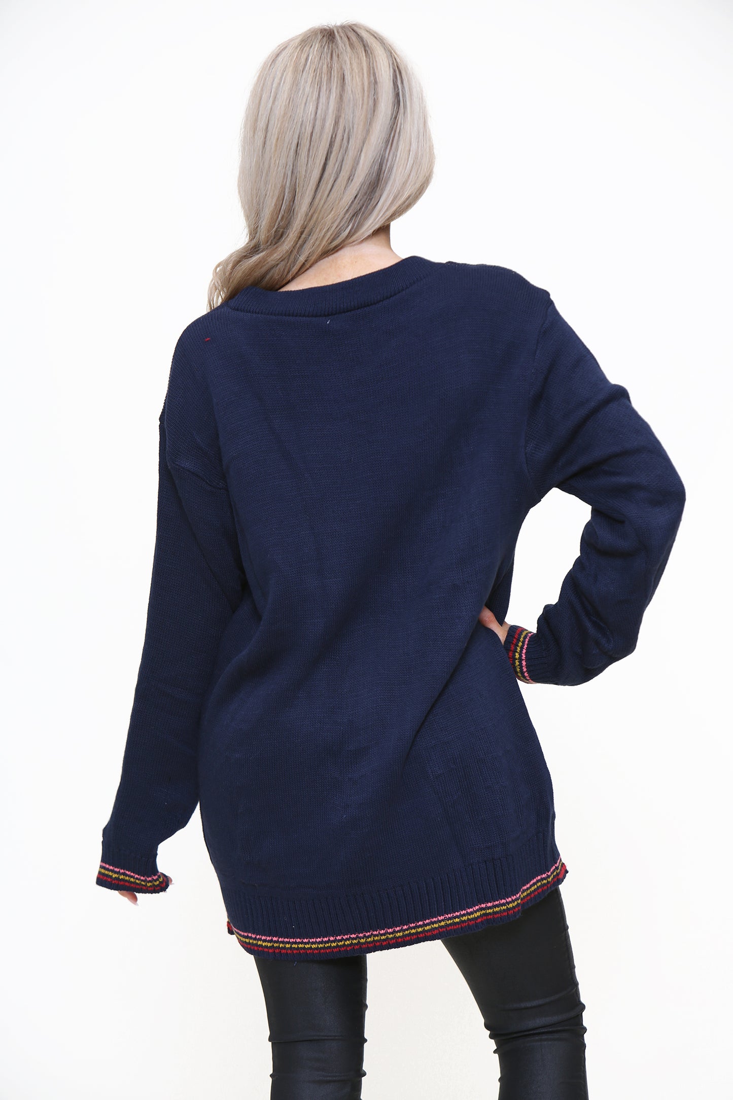 Pull noel long manche longues Rennes broderie col rond ref MRPN