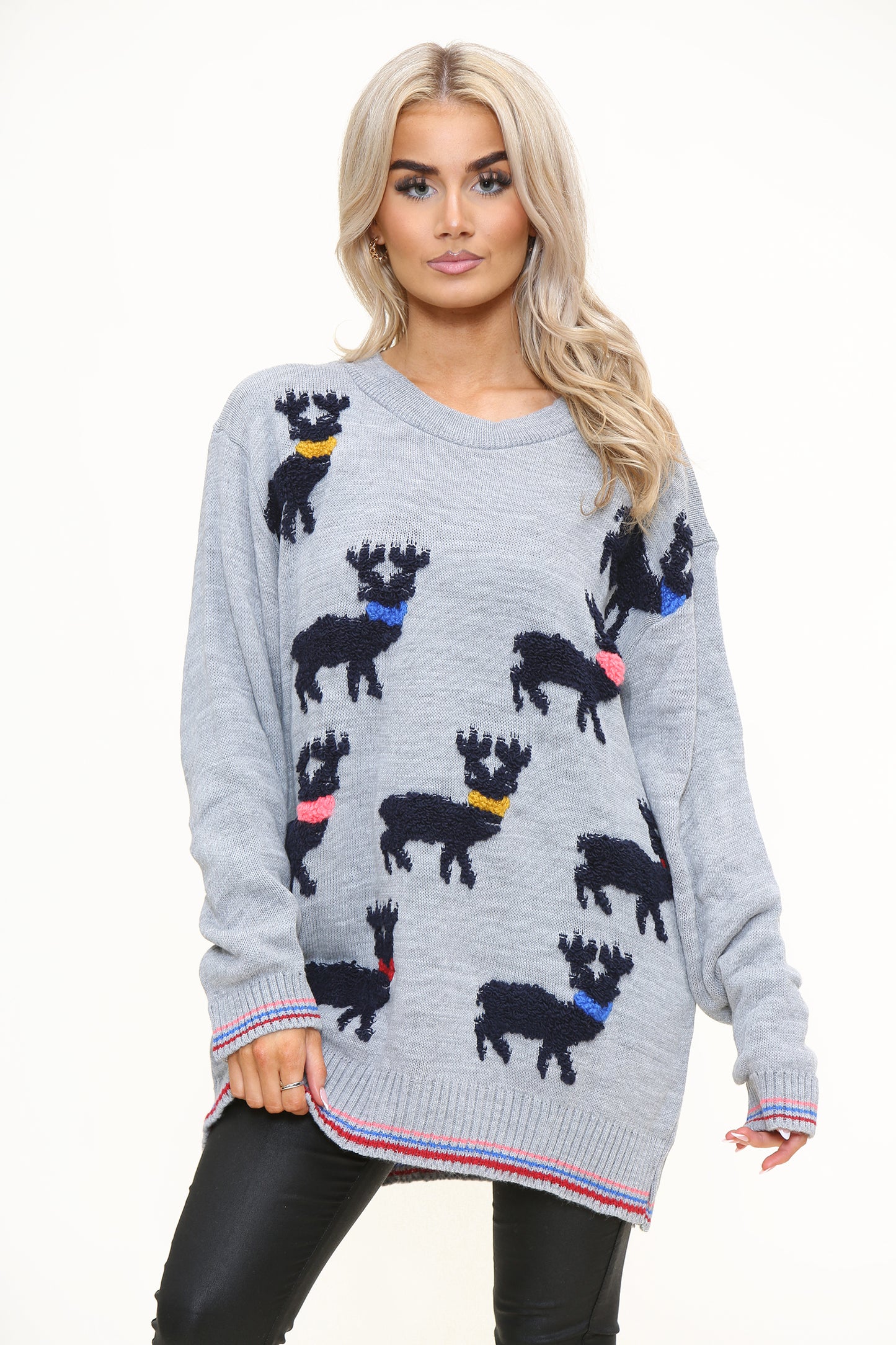 Pull noel long manche longues Rennes broderie col rond ref MRPN