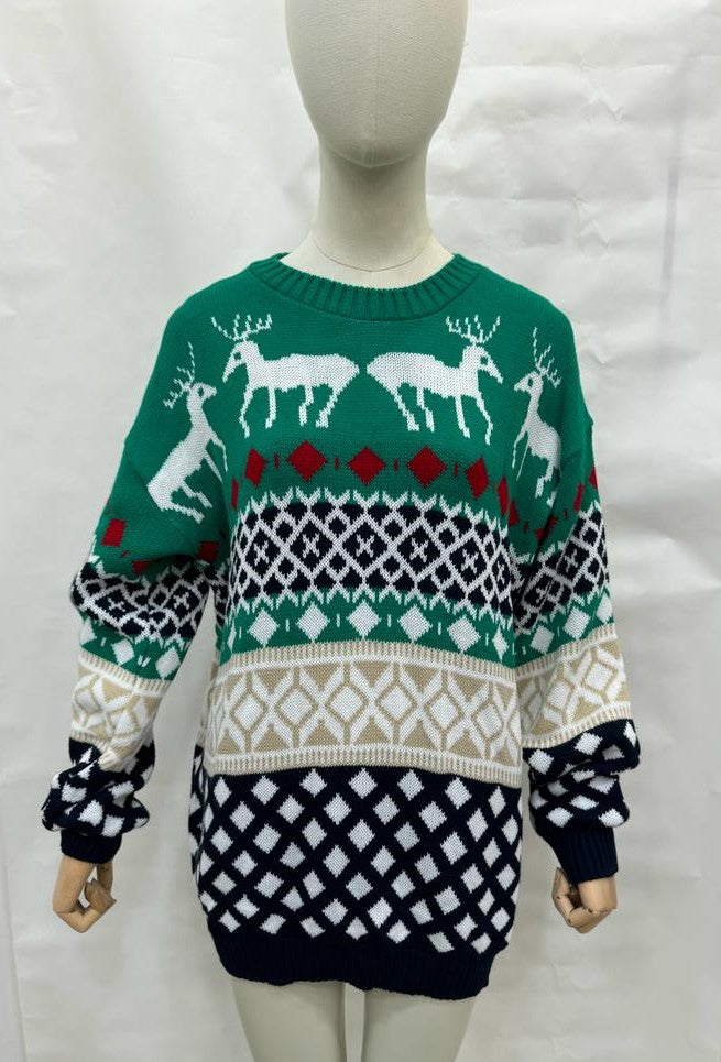 Pull de noël tricot motif rennes losanges triangles esprit Christmas RDMJ