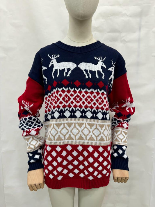 Pull de noël tricot motif rennes losanges triangles esprit Christmas RDMJ