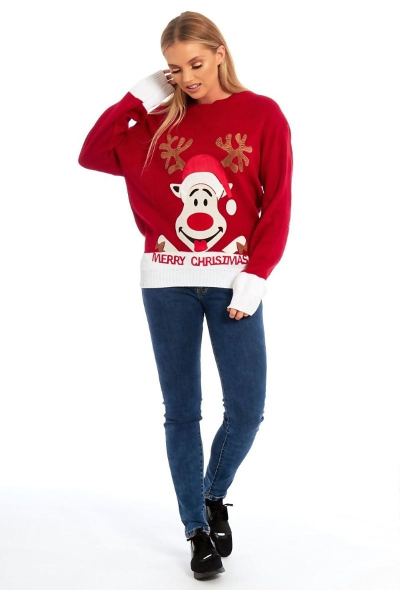 Pull Femme Noël Bear blanc smiley MERRY CHRISTMAS